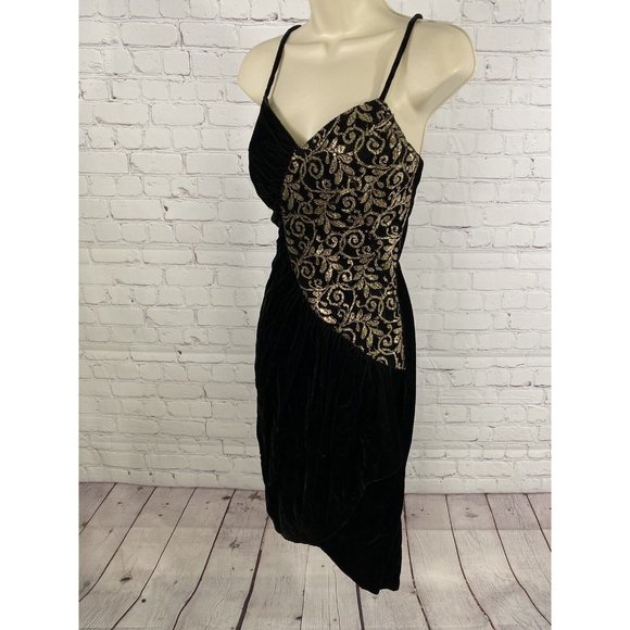 VTG New Leaf Black Gold Spaghetti Strap Velvet Back Zip Bodycon Dress Womens 5/6 - Picture 8 of 14